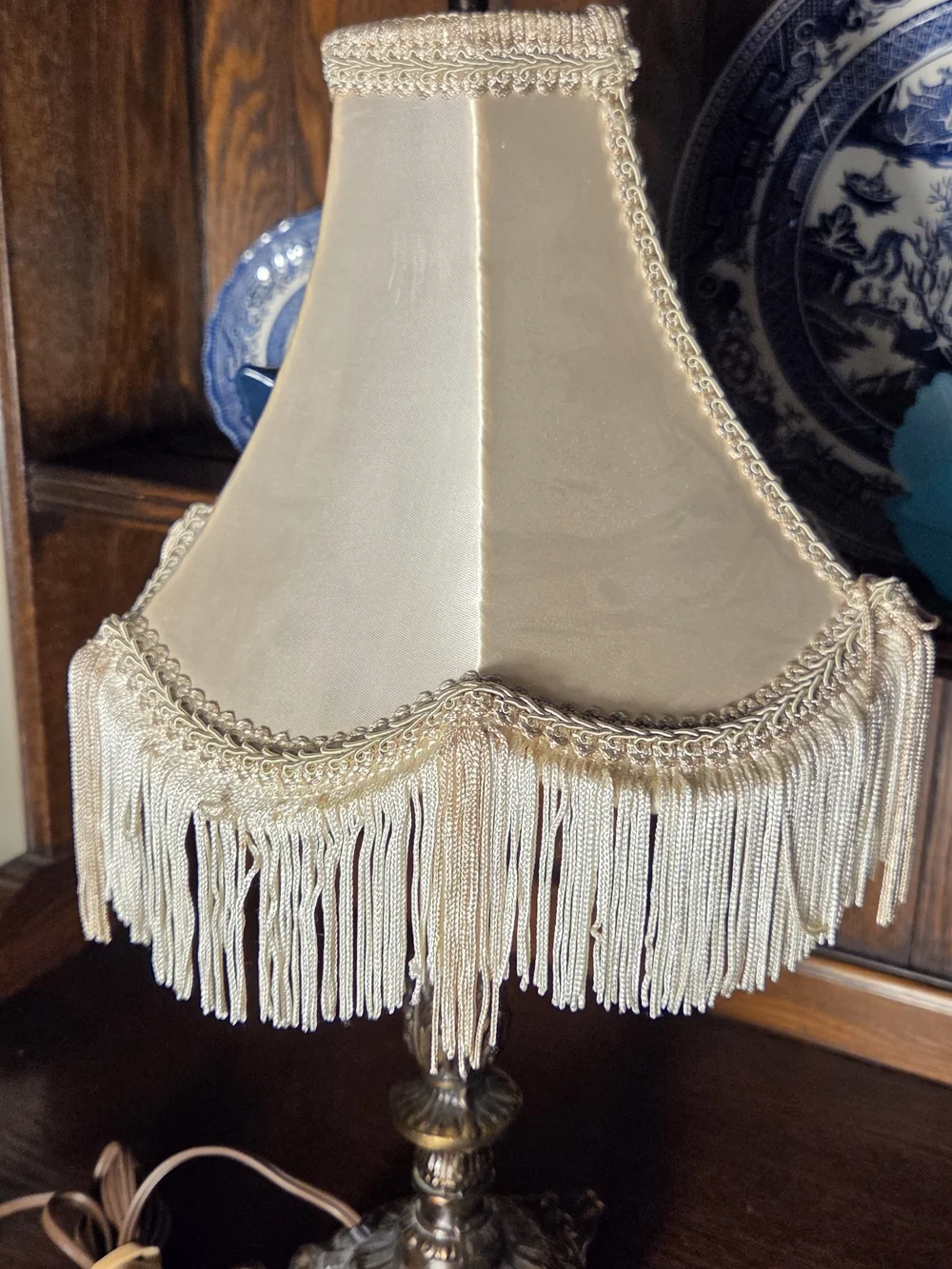 Vintage Cream Fringe Table Lamp with Ornate Brass Base